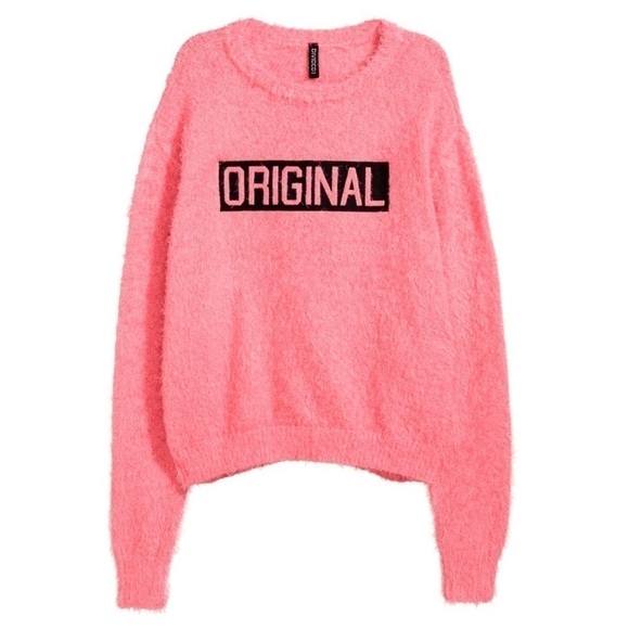 H&M DIVIDED Bubblegum Pink‎ Fuzzy “Original” Graphic Cozy Eyelash Sweater Size S - Picture 1 of 6